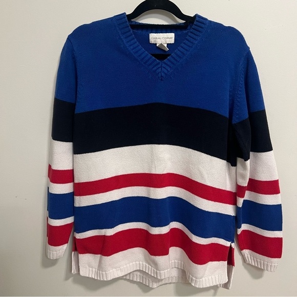 Casual Corner Sweaters - Casual Corner Women’s V-Neck Sweater 100% Cotton Classic Striped 4th of July